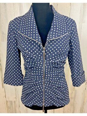 Joseph Ribkoff Women's 8 Blue Jacket Rayon Basic Polka Dot Casual Stretch Ruched
